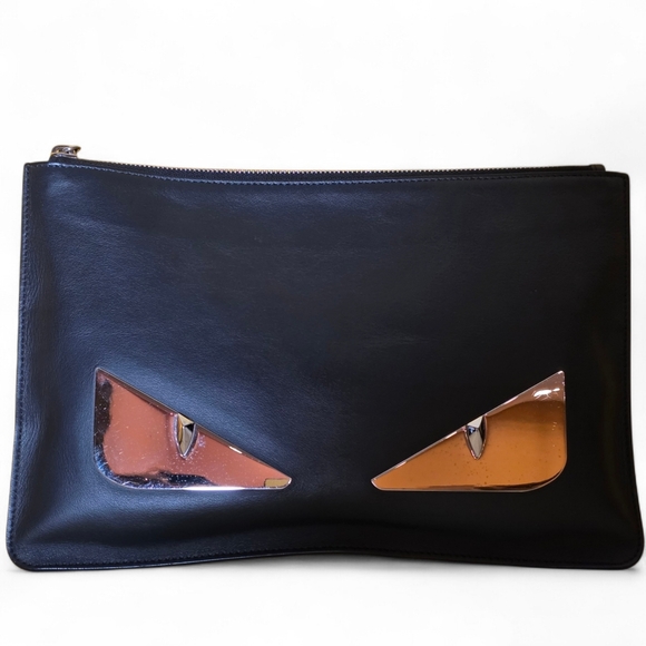 Fendi Handbags - FENDI Monster Clutch Bag Black Leather Evening Purse